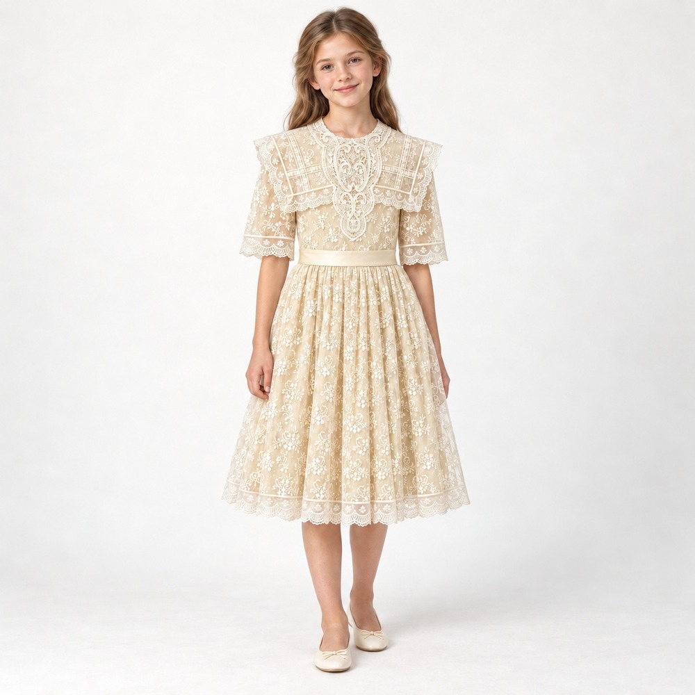 Jessica McClintock Gunne Sax Vintage Girls Cream Lace Flower Girl Dress Bow